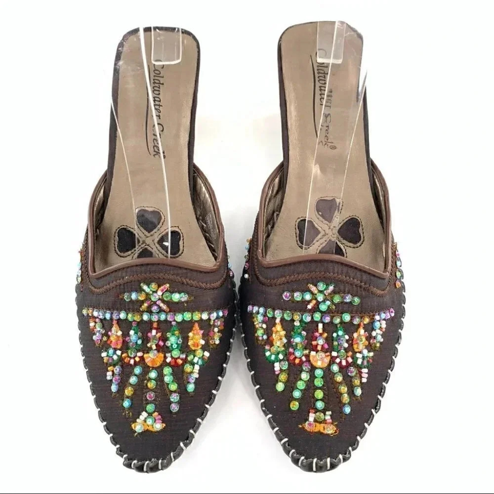 Coldwater Creek size 7.5 mules chocolate brown Thai satin beaded Bollywood - Picture 12 of 12